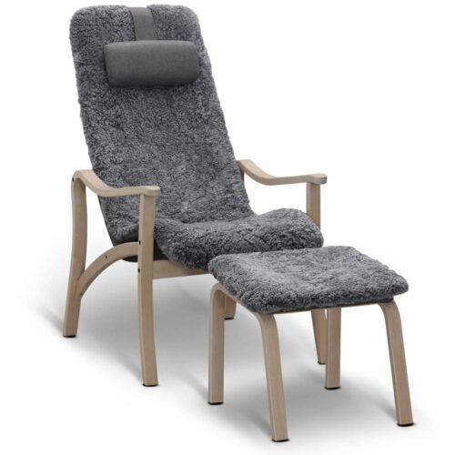 Gotland fåtölj inkl. fotpall - fårskinn charcoal grey silver/ vit