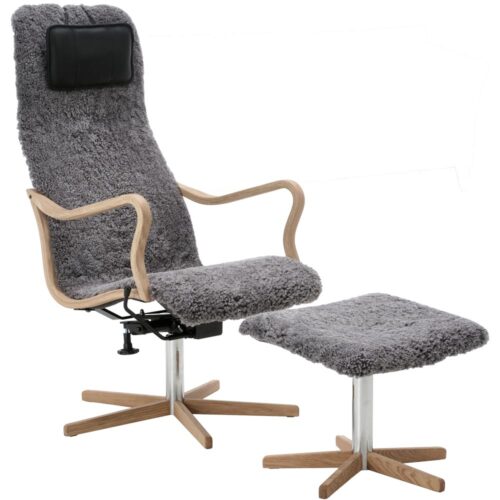 Chic fåtölj trä inkl. pall - fårskinn scandinavian grey