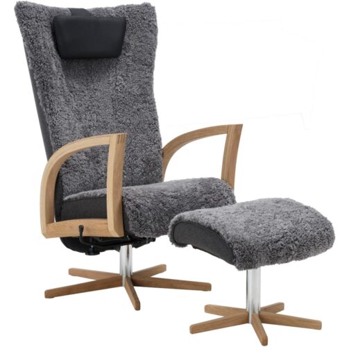 Focus snurrfåtölj inkl. pall - fårskinn scandinavian grey/ ek